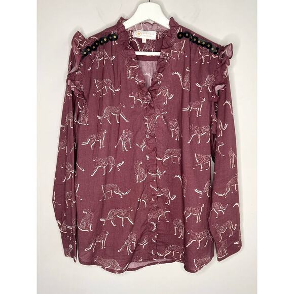 Sheridan French Embellished Aubergine Cheetah Ruffle Long Sleeve Blouse Medium - Picture 2 of 12
